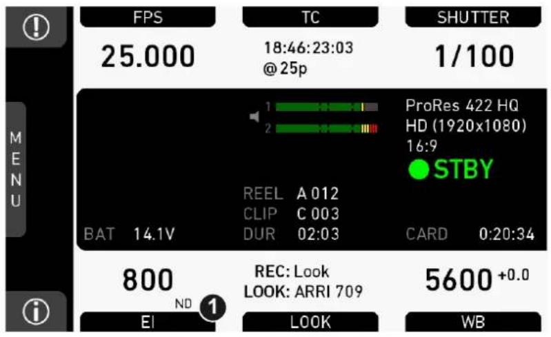 FPS 25.000 TC 18:46:23:03 @25p SHUTTER 1/100 PRORes 422 HQ HD (1920x1080) 16:9 STBY REEL A 012 CLIP C 003 BAT 14.1V DUR 02:03 CARD 0:20:34 800 ND REC: Look LOOK: ARRI 709 5600 +0.0 EI LOOK WB
