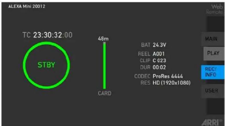 ALEXA Mini 20012 TC 23:30:32:00 STBY 48m CARD BAT 24.3V REEL A001 CLIP C 023 DUR 00.02 CODEC ProRes 4444 RES HD (1920x1080) Web Remote MAIN PLAY REC/ INFO USER ARRI™