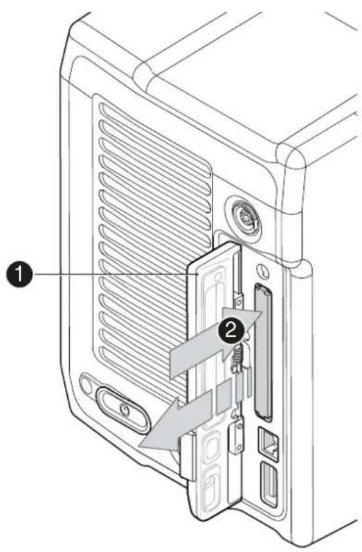 Technical diagram of a device rear panel with labeled parts, showing internal structure and component alignment.