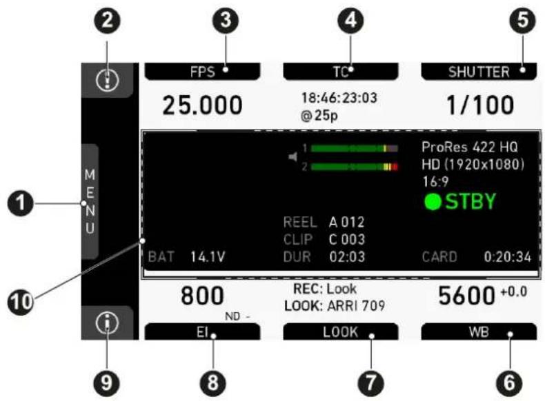 2 3 4 5 FPS TC SHUTTER 25.000 18:46:23:03 @ 25p 1/100 1 ProRes 422 HQ HD (1920x1080) 16:9 STBY BAT 14.1V REEL A 012 CLIP C 003 DUR 02:03 CARD 0:20:34 800 REC: Look LOOK: ARRI 709 5600 +0.0 ND - EI. LOOK WB 9 8 7 6 10