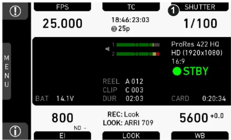 FPS 25.000 TC 18:46:23:03 @ 25p SHUTTER 1/100 PRORes 422 HQ HD (1920x1080) 16:9 STBY BAT 14.1V REEL A 012 CLIP C 003 DUR 02:03 CARD 0:20:34 800 ND - REC: Look LOOK: ARRI 709 5600 +0.0 EI LOOK WB