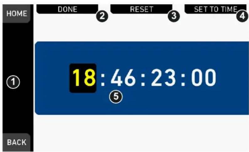 HOME DONE ② RESET ③ SET TO TIME ④ ① 18:46:23:00 ⑤ BACK