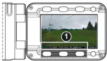 Diagram showing a device with a screen displaying a field photo and control buttons, labeled with numbers 1 and 2.