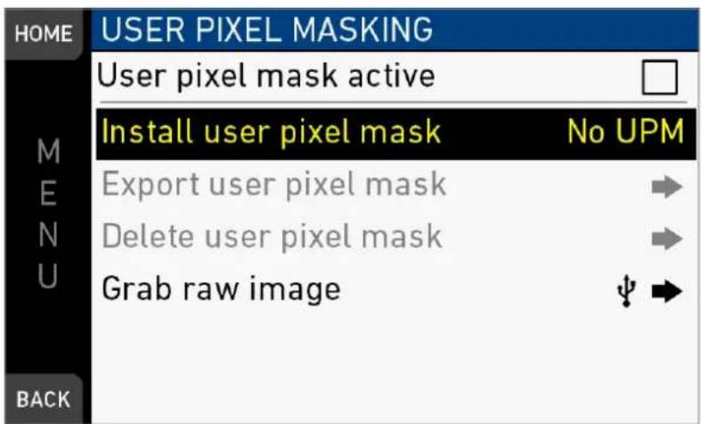 HOME USER PIXEL MASKING User pixel mask active Install user pixel mask No UPM Export user pixel mask Delete user pixel mask Grab raw image BACK