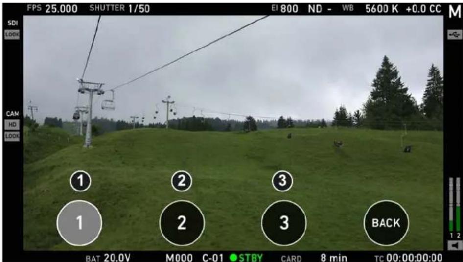 FPS 25.000 SHUTTER 1/50 EI 800 ND - WB 5600 K +0.0 CC M SDI LOCK CAM HD LOOK ① ② ③ ① ② ③ BACK BAT 20.0V M000 C-01 STBY CARD 8 min TC 00:00:00:00