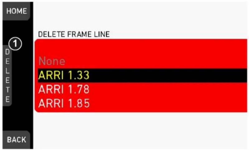 HOME ① DELETE FRAME LINE None ARRI 1.33 ARRI 1.78 ARRI 1.85 BACK