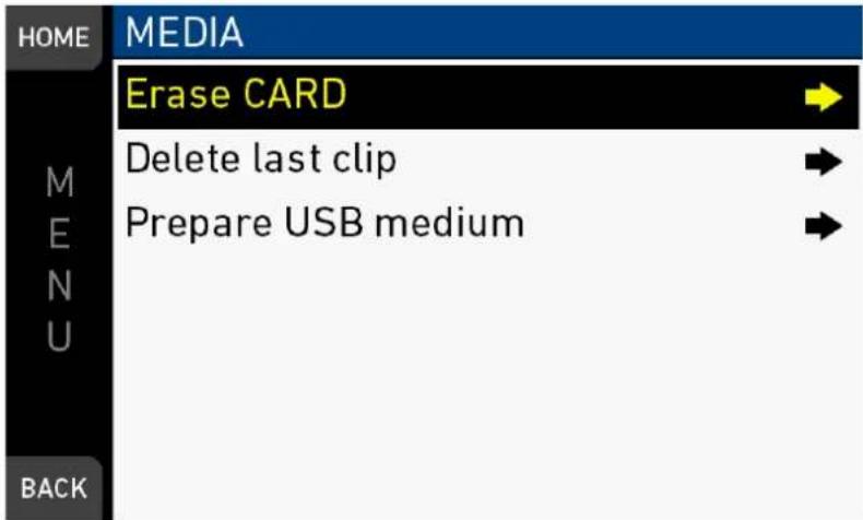 HOME MEDIA Erase CARD Delete last clip Prepare USB medium M E N U BACK