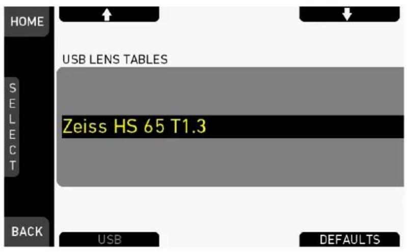 HOME USB LENS TABLES ZEISS HS 65 T1.3 SELECT BACK USB DEFAULTS