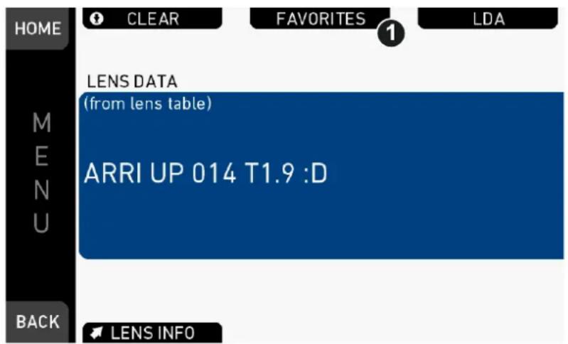HOME CLEAR FAVORITES LDA LENS DATA (from lens table) ARRI UP 014 T1.9 :D MENU BACK LENS INFO