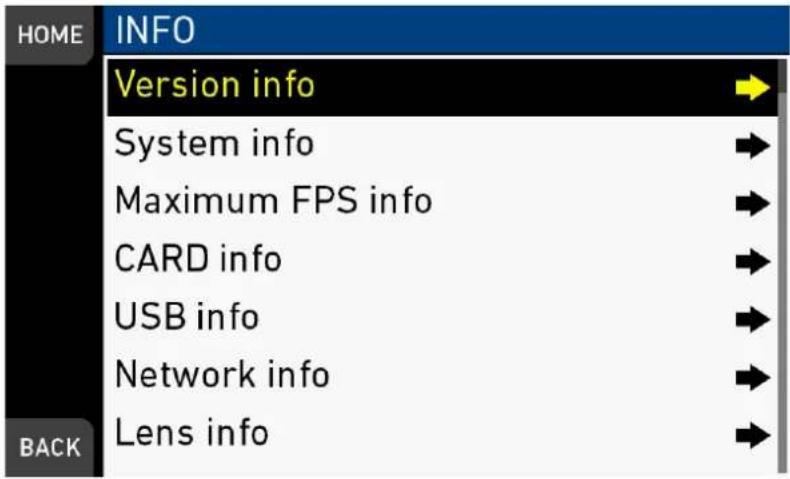HOME INFO Version info System info Maximum FPS info CARD info USB info Network info Lens info