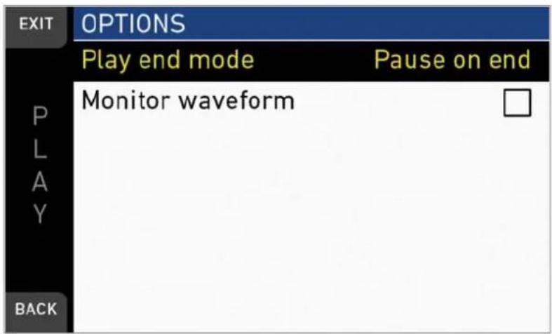 EXIT OPTIONS Play end mode Pause on end P MONITOR waveform L Y BACK