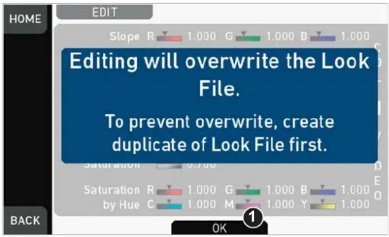 HOME EDIT Slope R 1.000 G 1.000 B 1.000 Editing will overwrite the Look File. To prevent overwrite, create duplicate of Look File first. Saturation 0.700 Saturation R 1.000 G 1.000 B 1.000 by Hue C 1.000 M 1.000 Y 1.000 OK BACK