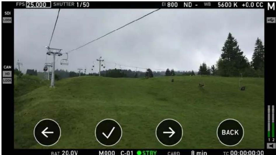 FPS 25.000 SHUTTER 1/50 EI 800 ND - WB 5600 K +0.0 CC M SDI LOOK CAM HD LOOK ← ✓ → BACK BAT 20.0V M000 C-01 STBY CARD 8 min TC 00:00:00:00