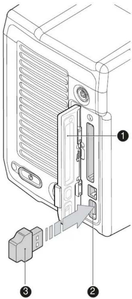 Technical diagram of a device rear panel with labeled components including ports, connectors, and a connector pin.