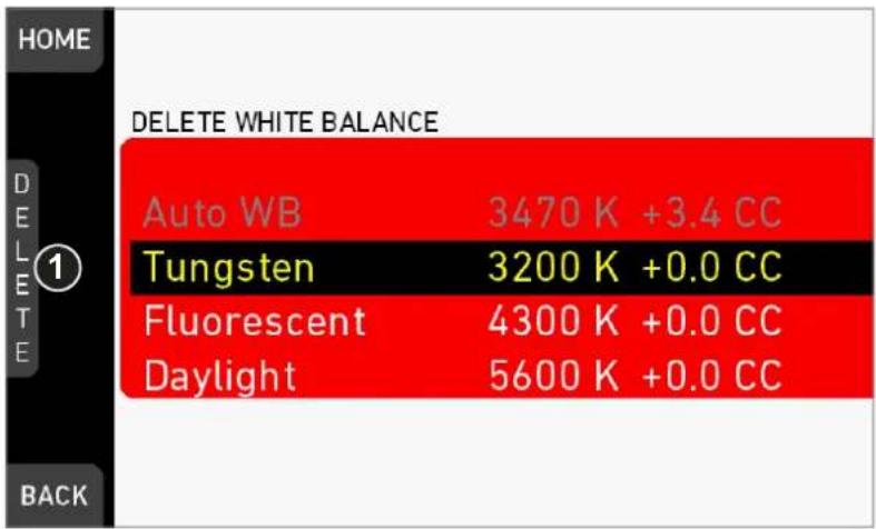 HOME DELETE WHITE BALANCE Auto WB 3470 K +3.4 CC Tungsten 3200 K +0.0 CC Fluorescent 4300 K +0.0 CC Daylight 5600 K +0.0 CC BACK