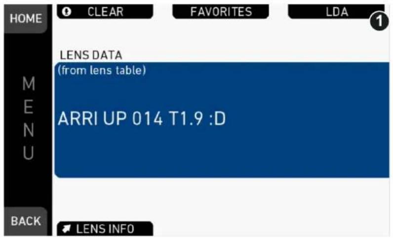 HOME CLEAR FAVORITES LDA LENS DATA (from lens table) ARRI UP 014 T1.9 :D MENU BACK LENS INFO
