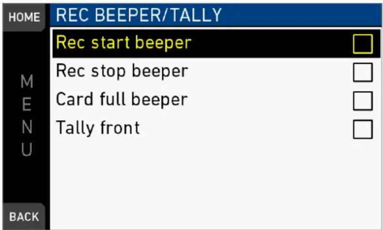 HOME REC BEEPER/TALLY Rec start beeper Rec stop beeper Card full beeper Tally front M E N U BACK