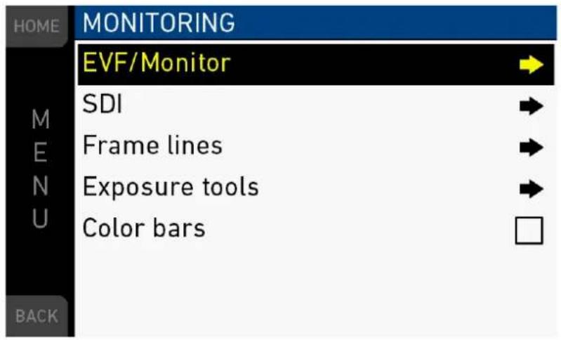 HOME MONITORING EV/F/Monitor SDI Frame lines Exposure tools Color bars M E N U BACK