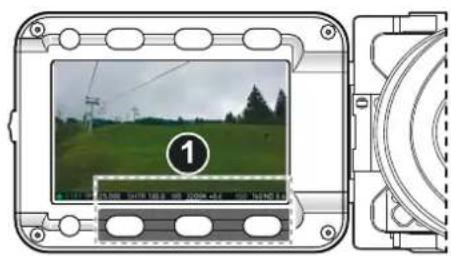 Diagram showing a camera frame with a screen displaying a landscape photo and control buttons, labeled with number 1.