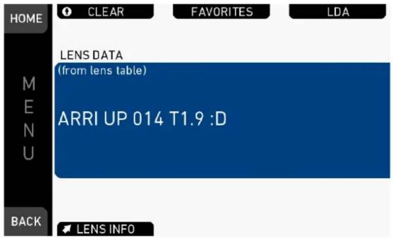 HOME CLEAR FAVORITES LDA LENS DATA (from lens table) ARRI UP 014 T1.9 :D MENU BACK LENS INFO