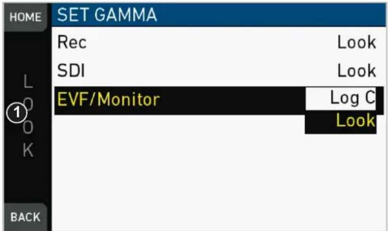 HOME SET GAMMA Rec Look SDI Look 1 EVF/Monitor Log C Look BACK