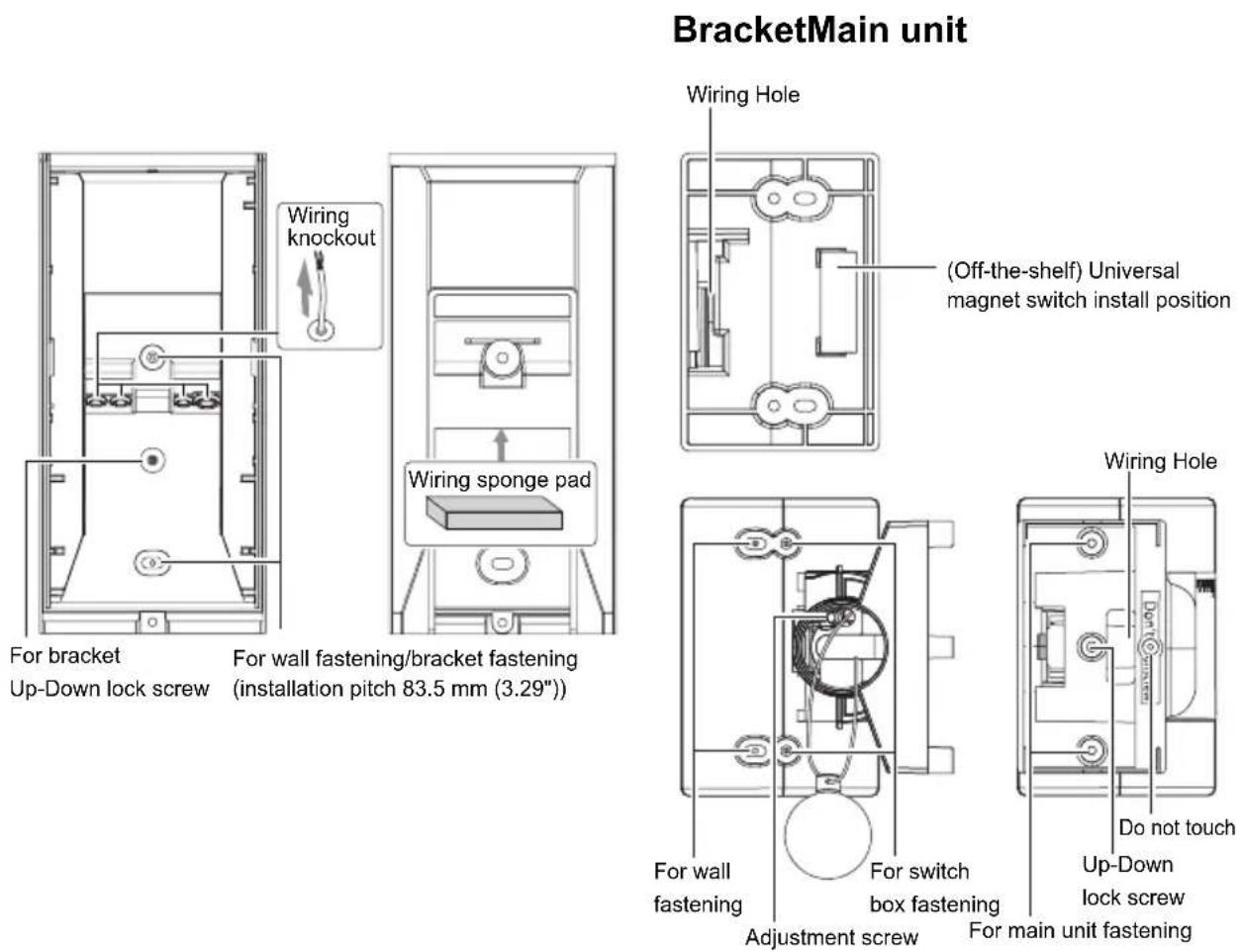 BracketMain unit Wiring Hole (Off-the-shelf) Universal magnet switch install position Wiring knockout Wiring sponge pad For bracket Up-Down lock screw For wall fastening/bracket fastening (installation pitch 83.5 mm (3.29")) Wiring Hole For wall fastening Adjustment screw For switch box fastening For main unit fastening Wiring Hole Do not touch Up-Down lock screw