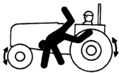 Simple line drawing of a person pushing a tractor with motion arrows (no text or symbols)