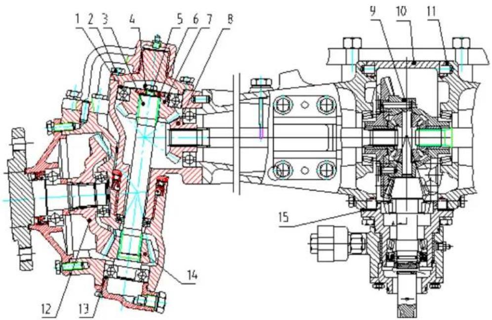 Technical mechanical diagram with numbered components and cross-sectional views