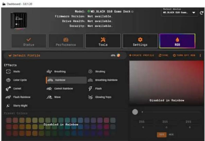 Dashboard - 3.0.1.20 Model: MD_BLACK DSB Game Dock Firmware Version: Not available. Drive Health: Not available. Security: Not available. Select device MD_BLACK DSB Game... Status Performance Tools Settings RGB Default Profile CREATE PROFILE SYNC TURN OFF RGB Effects Static Breathing Strobing Color Cycle Rainbow Breathing Rainbow Comet Comet Rainbow Flash Flash Rainbow Wave Glowing Yoyo Starry Night Pixel Colors Disabled in Rainbow Disabled in Rainbow 255 256 258 RGB HEX