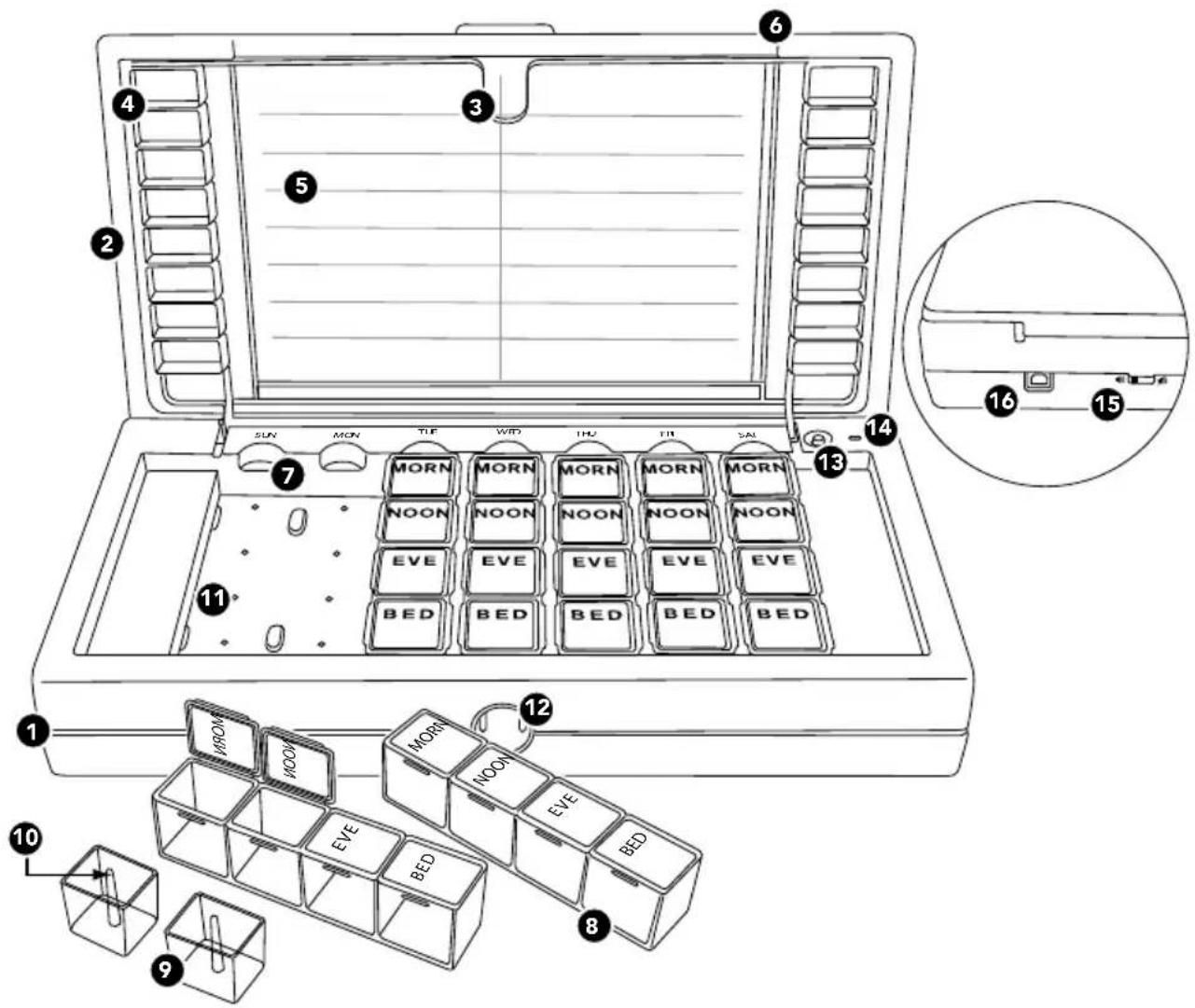 MedFolio Cellular Pillbox - PICTORIAL FEATURES OF THE MEDFOLIO CELLULAR PILLBOX: - 1