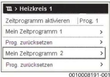 Ⅲ > Heizkreis 1 Zeitprogramm aktivieren | Prog. 1 Mein Zeitprogramm 1 > Prog. zurücksetzen > Mein Zeitprogramm 2 > Prog. zurücksetzen >