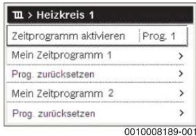 Ⅲ > Heizkreis 1 Zeitprogramm aktivieren | Prog. 1 Mein Zeitprogramm 1 > Prog. zurücksetzen > Mein Zeitprogramm 2 > Prog. zurücksetzen >