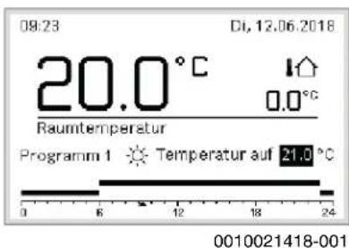 09:23 Di, 12.06.2018 20.0°C Raumtemperatur Programm 1 ° Temperatur auf 21.0°C 0 6 12 18 24 0010021418-001