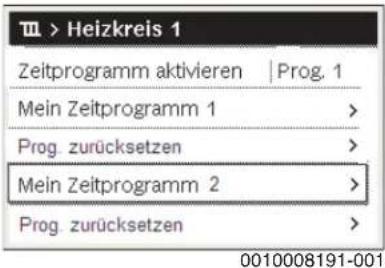Ⅲ > Heizkreis 1 Zeitprogramm aktivieren | Prog. 1 Mein Zeitprogramm 1 > Prog. zurücksetzen > Mein Zeitprogramm 2 > Prog. zurücksetzen >