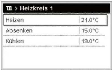 Heizkreis 1 Heizen 21.0°C Absenken 15.0°C Kühlen 19.0°C