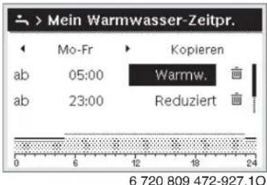 > Mein Warmwasser-Zeitpr. Mo-Fr Kopieren ab 05:00 Warmw. ab 23:00 Reduziert 6 720 809 472-927.1Q