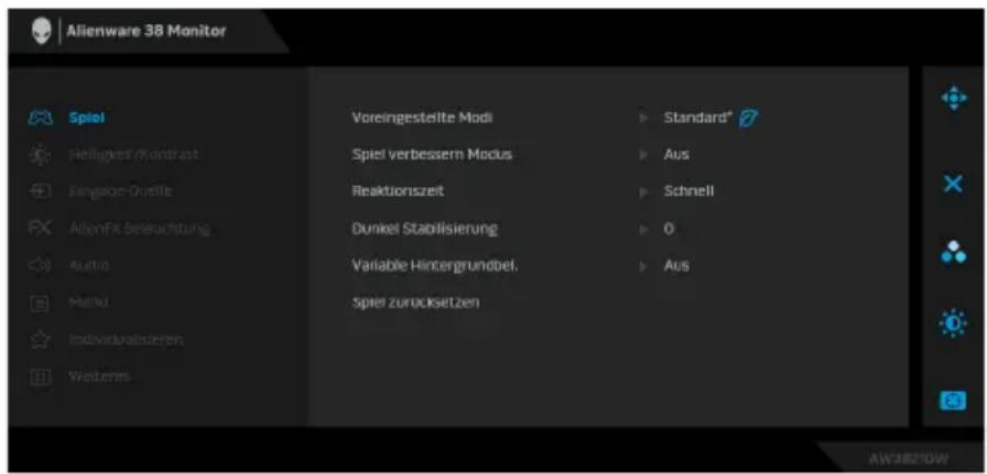 ALIENWARE AW3821DW - Zugriff auf das Menüsystem - 2