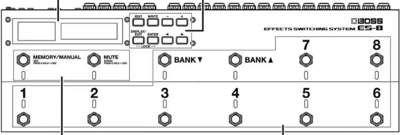 BOSS EFFECTS SWITCHING SYSTEM ES-8 EDIT WRITE + DISPLAY/ EXIT ENTER LOCK 7 8 MEMORY/MANUAL MUTE BANK ▼ BANK ▲ EDIT PRESS & HOLD=2360 BANK ▼ BANK ▲ 1 2 3 4 5 6