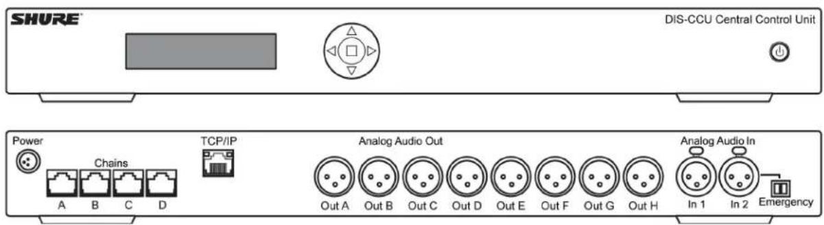 SHURE DIS-CCU Central Control Unit Power Chains A B C D TCP/IP Analog Audio Out Out A Out B Out C Out D Out E Out F Out G Out H Analog Audio In In 1 In 2 Emergency
