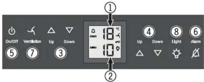On/Off Vent Barton Up Down ⑤ ⑦ ③ ① 18 °C DISMO MENU ② 4 Up Down Light Alarm ⑧