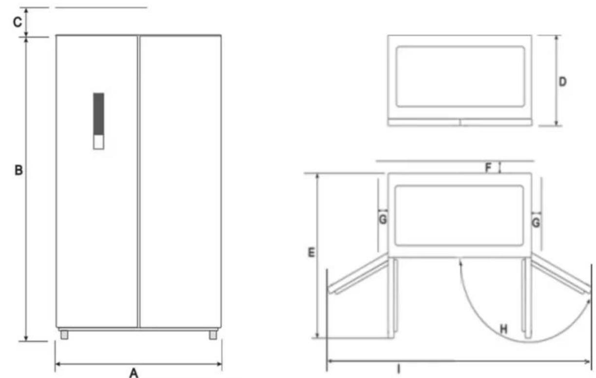 Exquisit SBS 160-4X WT A++ - Gerätemaße in mm und Grad - 1