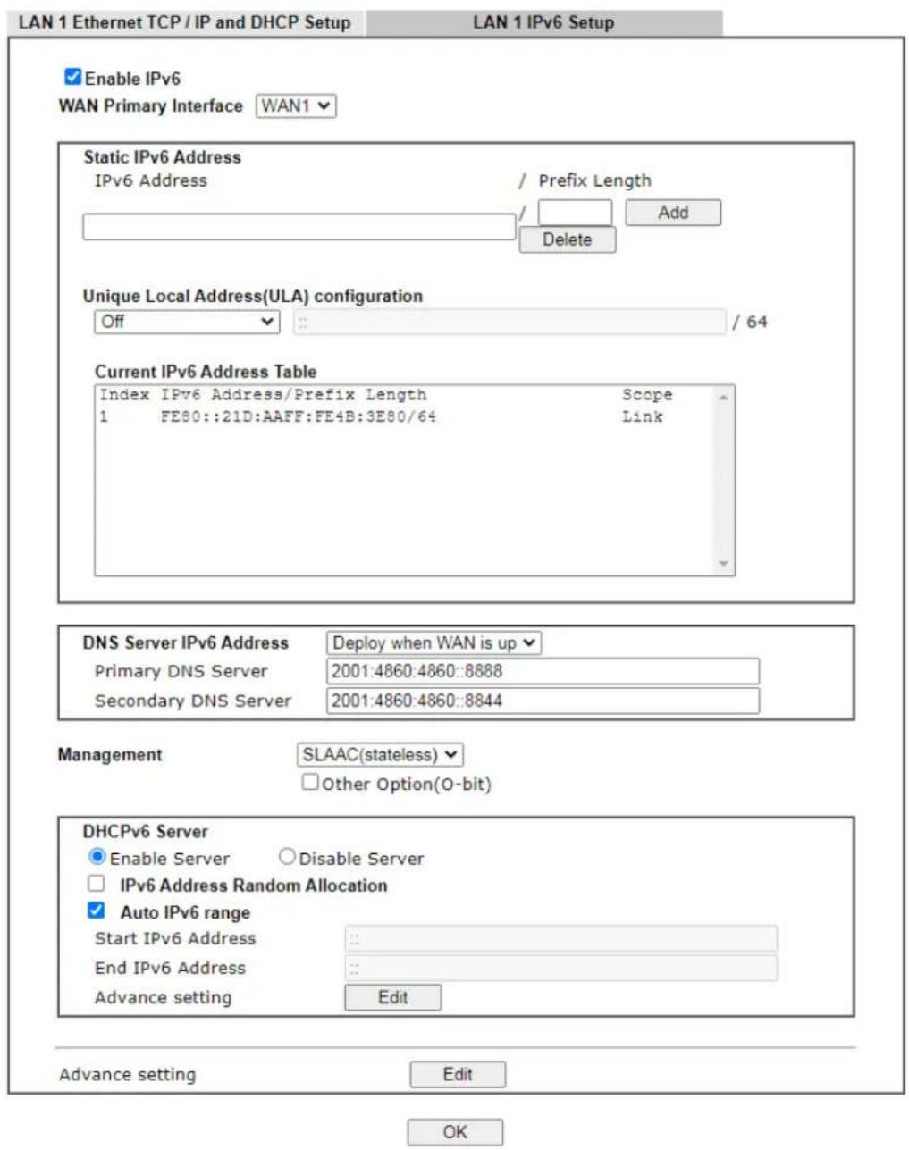 Draytek Vigor 3910 - II-3-1-3 Details Page for LAN1 – IPv6 Setup - 1
