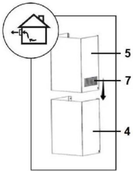 Diagram of a house interior with numbered components and airflow indicators