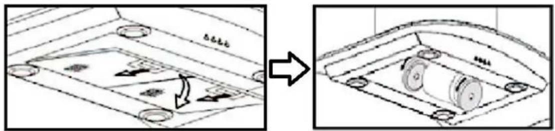 Technical diagram showing a mechanical assembly before and after transformation, with Chinese annotations indicating component states.