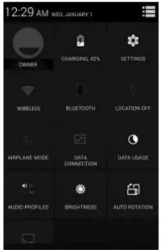 12:29 AM WED. JANUARY 1 OWNER CHARGING, 42% SETTINGS WIRELESS BLUETOOTH LOCATION OFF AIRPLANE MODE DATA CONNECTION DATA USAGE AUDIO PROFILES BRIGHTNESS AUTO ROTATION
