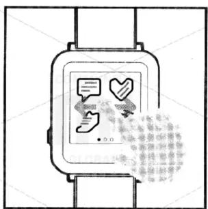 Smartwatch screen displaying a messaging app interface with speech bubbles and heart icons, surrounded by text blocks.