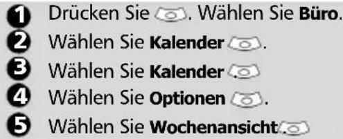 1 Drücken Sie 📋. Wählen Sie Büro. 2 Wählen Sie Kalender 📋. 3 Wählen Sie Kalender 📋. 4 Wählen Sie Optionen 📋. 5 Wählen Sie Wochenansicht 📋.
