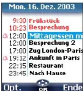Mon. 16. Dez. 2003 9:30 Frühstück 10:23 Besprechung 12:00 Mittagessen m 12:00 Besprechung 2 17:00 Zug London-Paris 19:12 Ankunft in Paris 22:15 Restaurant 23:45 Nach Hausa Opt. OK Ende