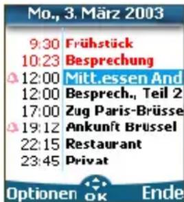 Mo., 3. März 2003 9:30 Frühstück 10:23 Besprechung 12:00 Mitt.essen And 12:00 Besprech., Teil 2 17:00 Zug Paris-Brüsse 19:12 Ankunft Brüssel 22:15 Restaurant 23:45 Privat Optionen OK Ende