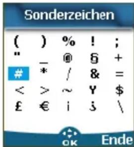 Sonderzeichen ( ) % ! ; " - @ 5 + * / 8 = < > ~ Y $ £ € i j \ OK Ende